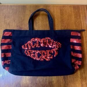 Victoria’s Secret Sequin Weekender Tote Travel Gym Duffle Bag Black Red Large